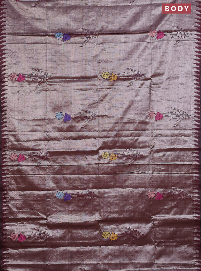 Banarasi matka tissue saree wine shade with woven buttas and temple design border