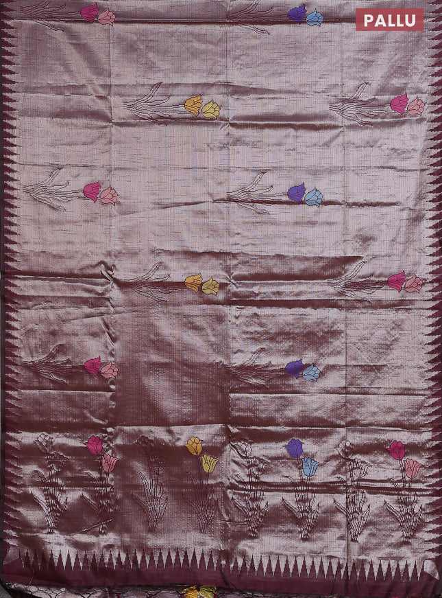 Banarasi matka tissue saree wine shade with woven buttas and temple design border