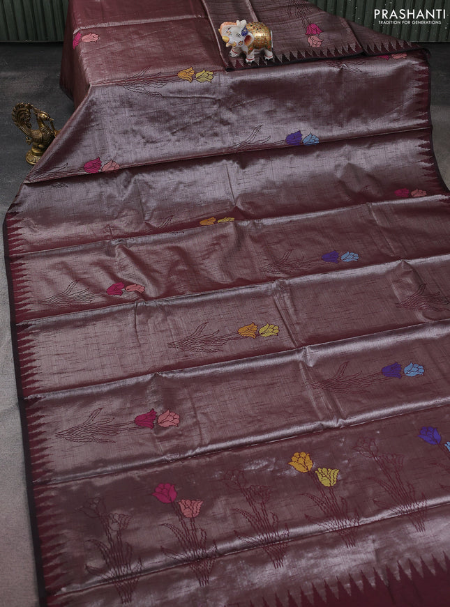 Banarasi matka tissue saree wine shade with woven buttas and temple design border