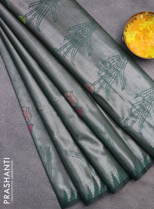 Banarasi matka tissue saree bottle green with woven buttas and temple design border