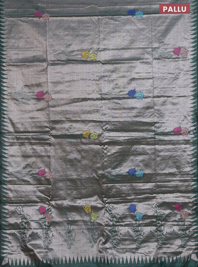 Banarasi matka tissue saree bottle green with woven buttas and temple design border