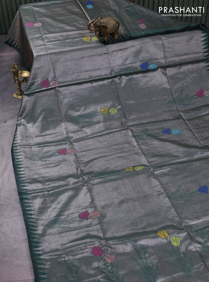 Banarasi matka tissue saree bottle green with woven buttas and temple design border