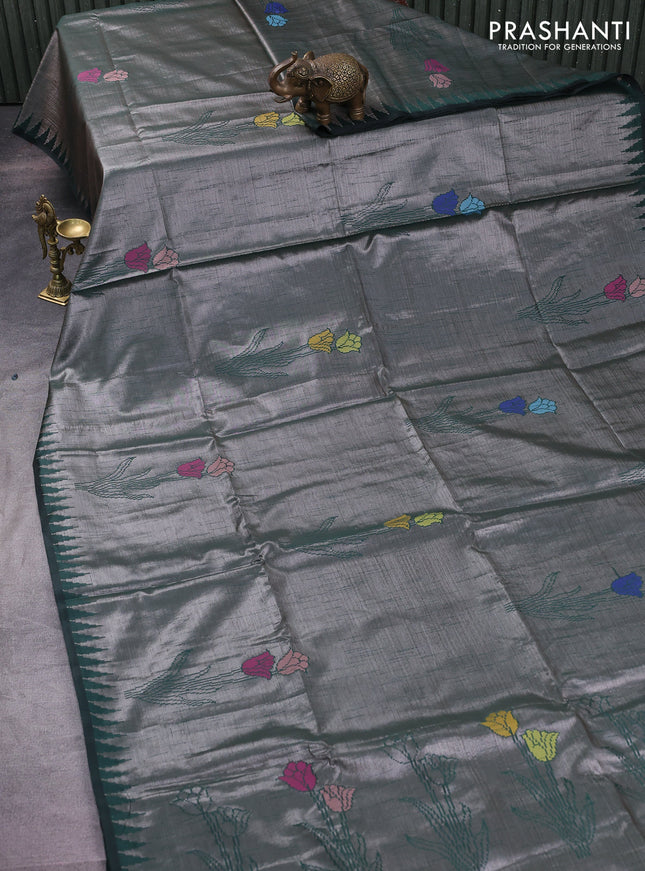 Banarasi matka tissue saree bottle green with woven buttas and temple design border