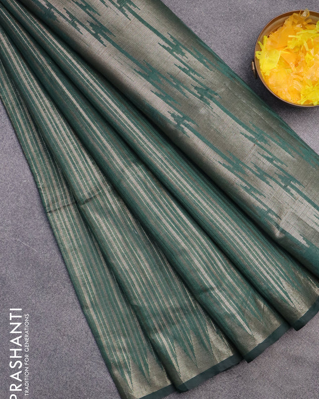 Banarasi matka tissue saree green with allover zari weaves and temple deisgn zari woven border