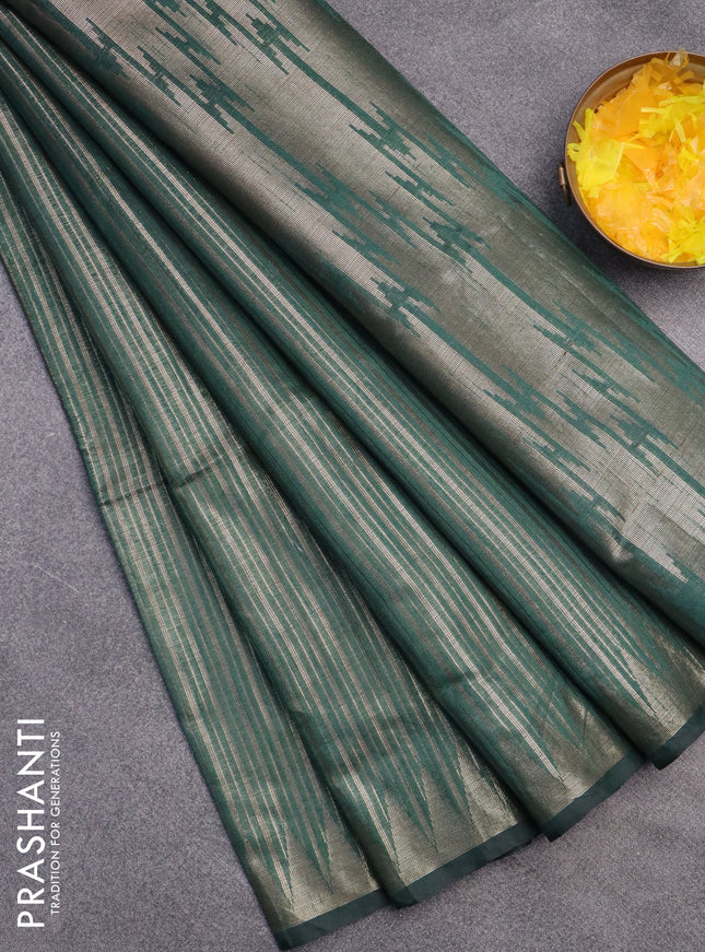 Banarasi matka tissue saree green with allover zari weaves and temple deisgn zari woven border