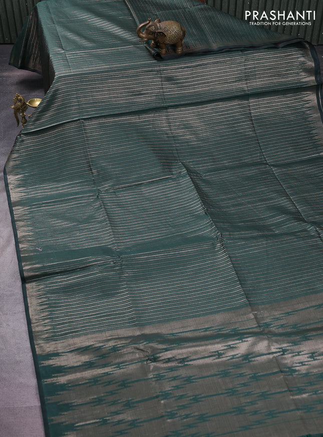 Banarasi matka tissue saree green with allover zari weaves and temple deisgn zari woven border