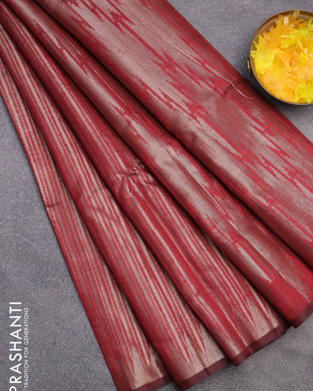Banarasi matka tissue saree maroon with allover zari weaves and temple deisgn zari woven border