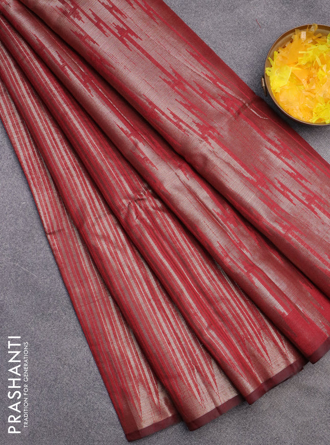 Banarasi matka tissue saree maroon with allover zari weaves and temple deisgn zari woven border