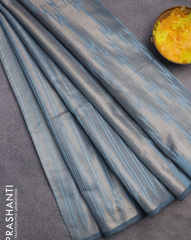 Banarasi matka tissue saree pastel blue with allover zari weaves and temple deisgn zari woven border