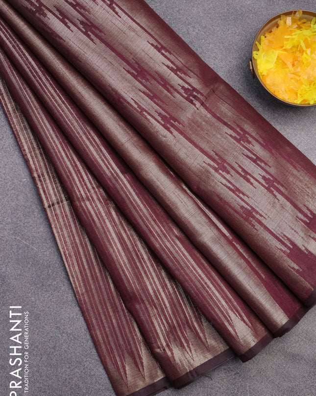 Banarasi matka tissue saree wine shade with allover zari weaves and temple deisgn zari woven border