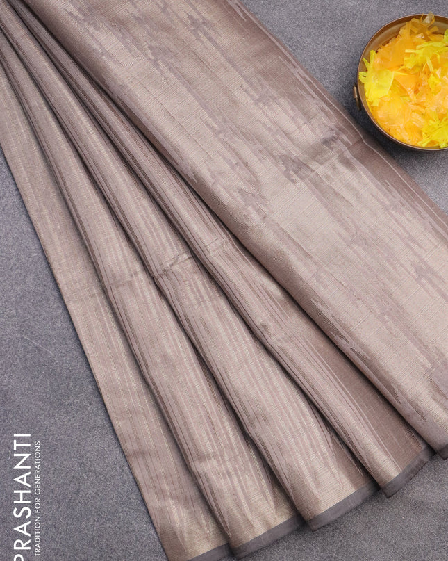 Banarasi matka tissue saree greyish brown with allover zari weaves and temple deisgn zari woven border