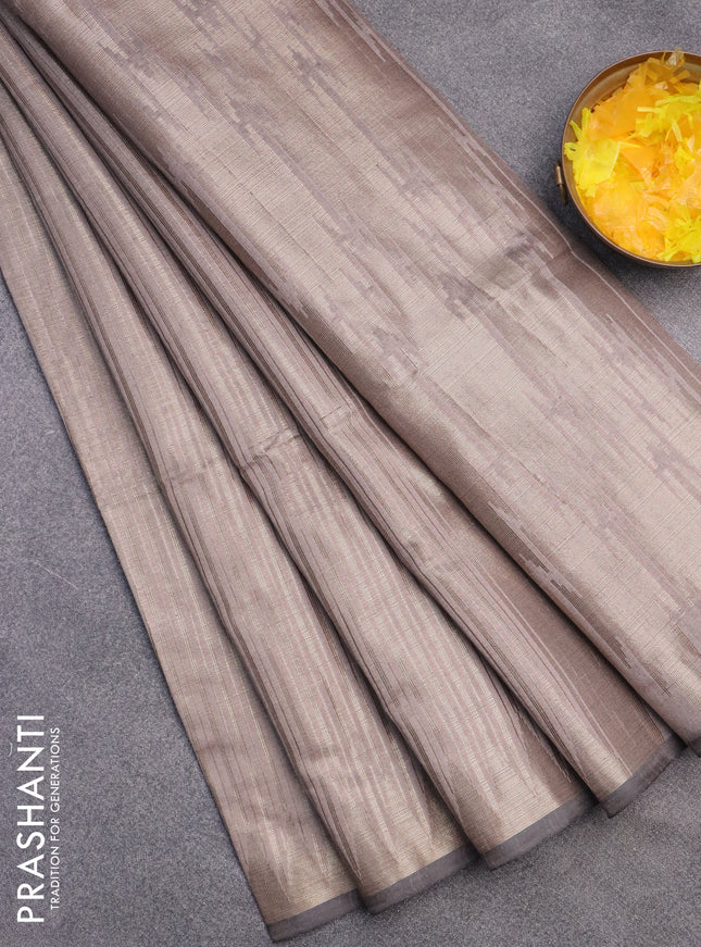 Banarasi matka tissue saree greyish brown with allover zari weaves and temple deisgn zari woven border