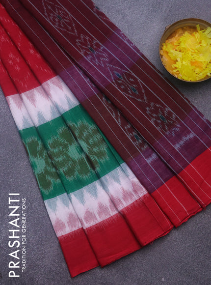 Ikat cotton saree red and off white green with allover ikat weaves and long ikat woven border