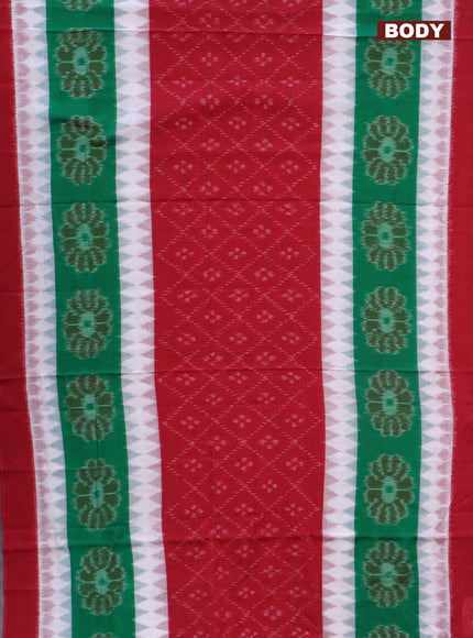 Ikat cotton saree red and off white green with allover ikat weaves and long ikat woven border