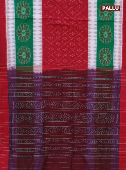 Ikat cotton saree red and off white green with allover ikat weaves and long ikat woven border