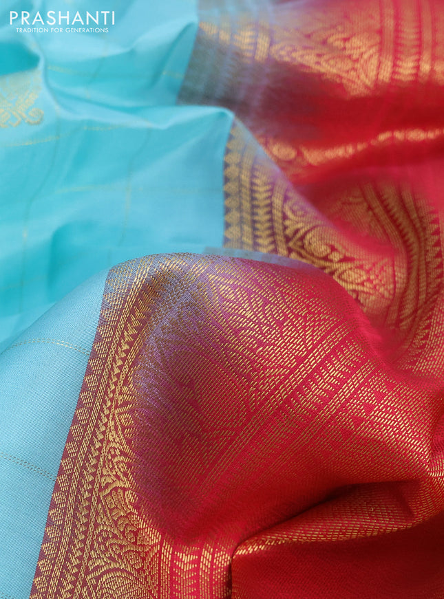 Pure kanchipuram silk saree teal blue shade and red with allover zari checks & buttas and rich zari woven border