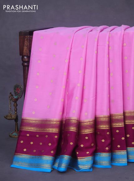 Pure mysore silk saree lotus pink and purple cs blue with allover zari woven buttas and rettapet zari woven border