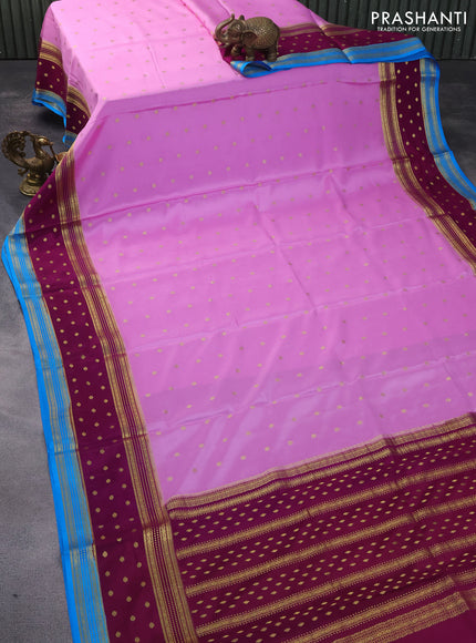 Pure mysore silk saree lotus pink and purple cs blue with allover zari woven buttas and rettapet zari woven border