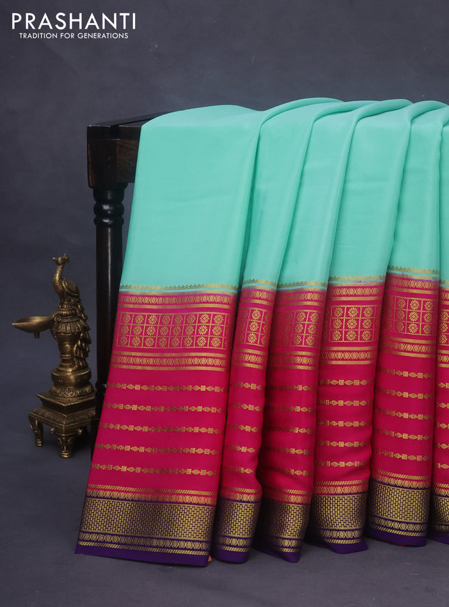 Pure mysore silk saree teal blue and pink violet with plain body and long zari woven border