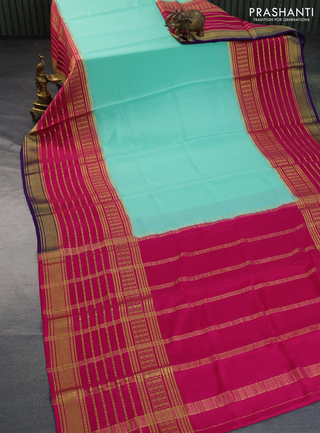 Pure mysore silk saree teal blue and pink violet with plain body and long zari woven border