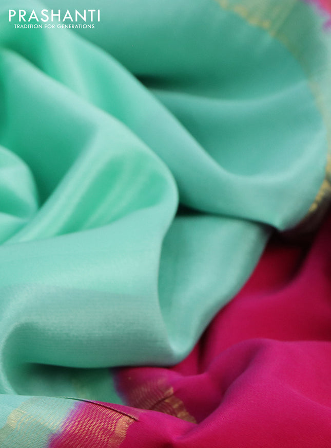 Pure mysore silk saree teal blue and pink violet with plain body and long zari woven border