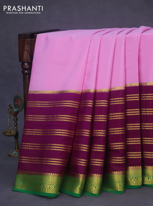 Pure mysore silk saree light pink and deep purple green with plain body and long zari woven border