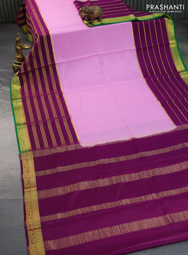 Pure mysore silk saree light pink and deep purple green with plain body and long zari woven border