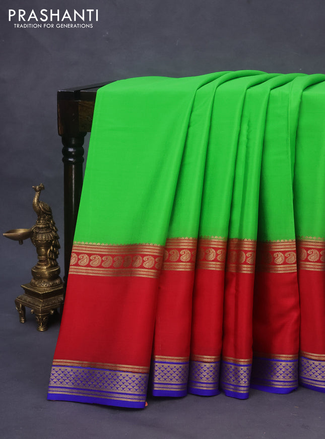 Pure mysore silk saree parrot green and red blue with plain body and rettapet zari woven border