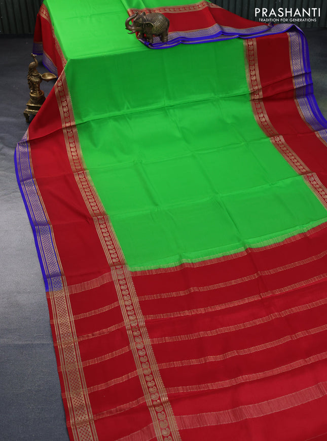 Pure mysore silk saree parrot green and red blue with plain body and rettapet zari woven border