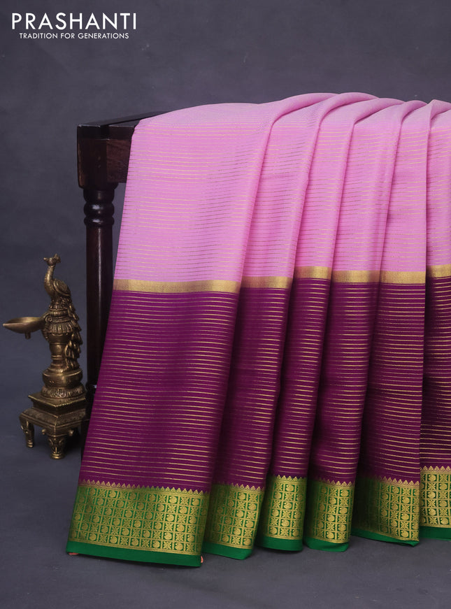 Pure mysore silk saree light pink and deep purple green with allover zari woven stripes pattern and zari woven border