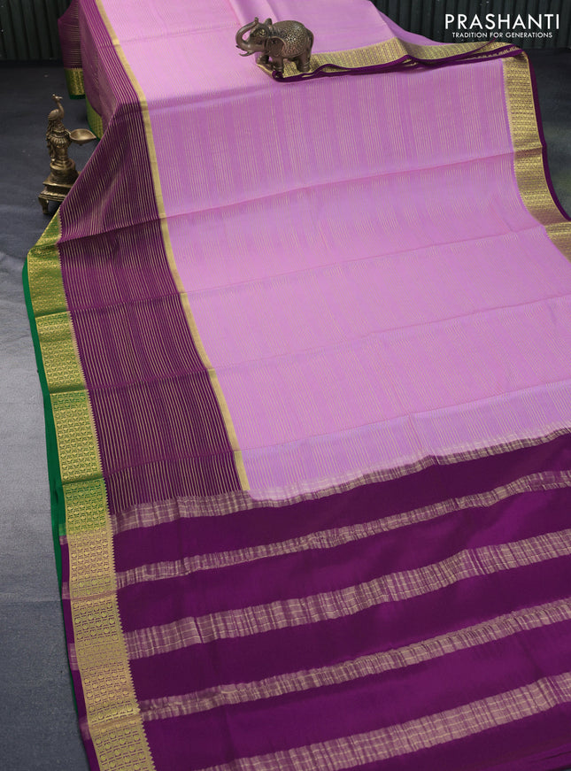 Pure mysore silk saree light pink and deep purple green with allover zari woven stripes pattern and zari woven border
