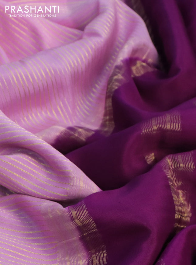 Pure mysore silk saree light pink and deep purple green with allover zari woven stripes pattern and zari woven border
