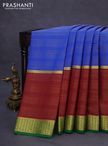 Pure mysore silk saree cs blue and maroon green with allover zari woven stripes pattern and zari woven border