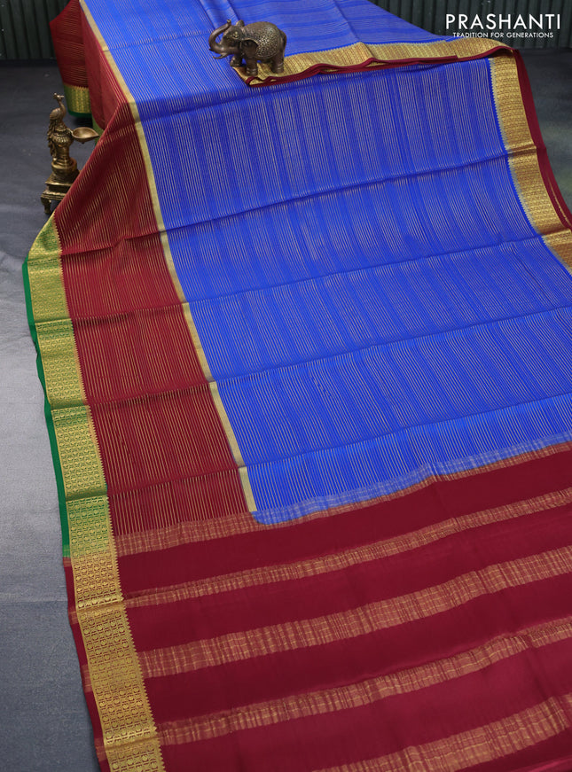 Pure mysore silk saree cs blue and maroon green with allover zari woven stripes pattern and zari woven border
