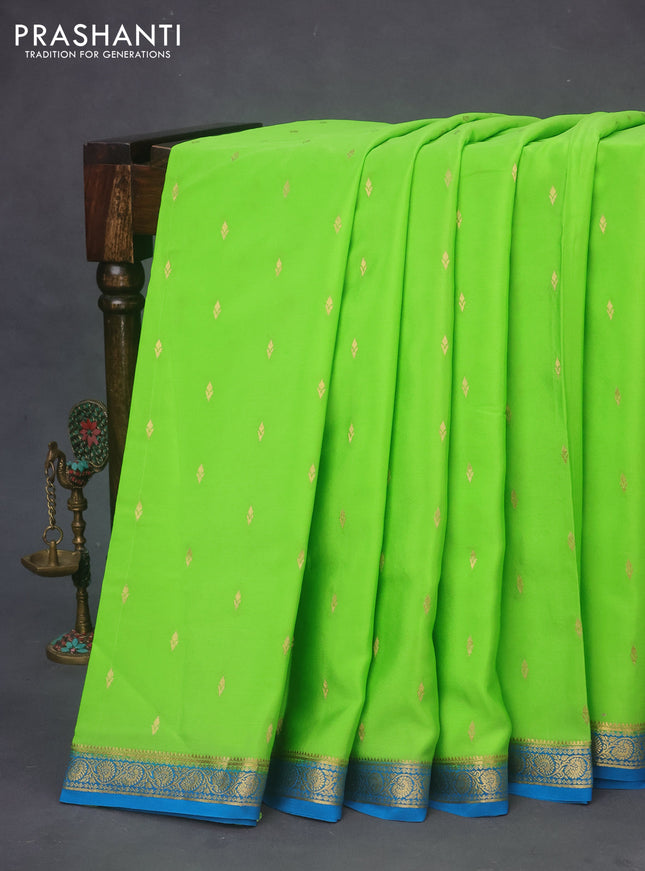 Pure mysore silk saree flourescent green and blue with zari woven buttas and zari woven border