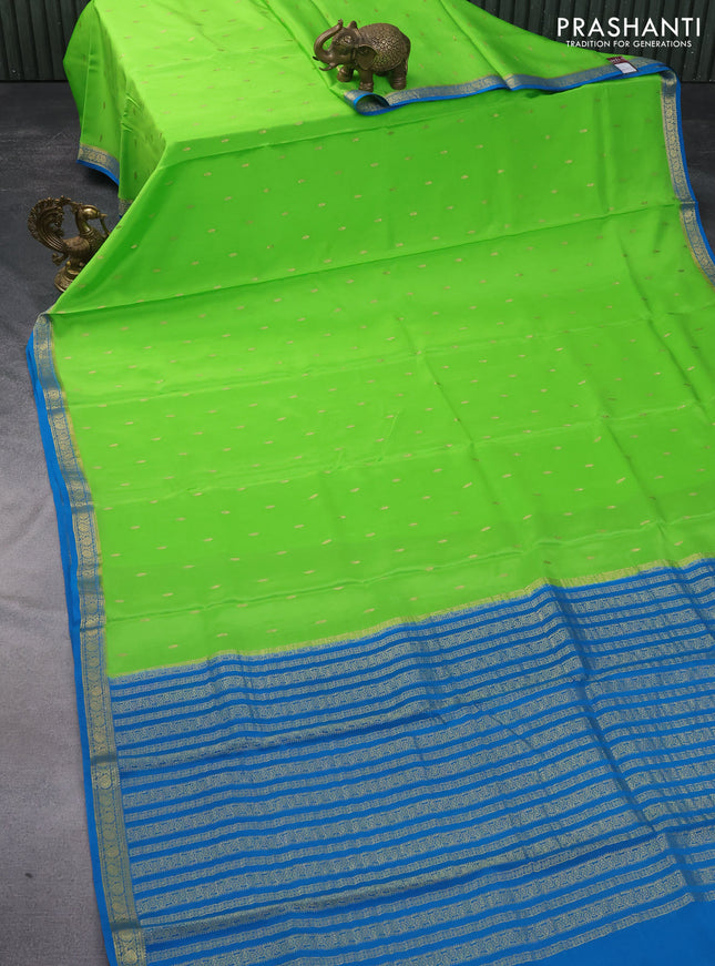 Pure mysore silk saree flourescent green and blue with zari woven buttas and zari woven border