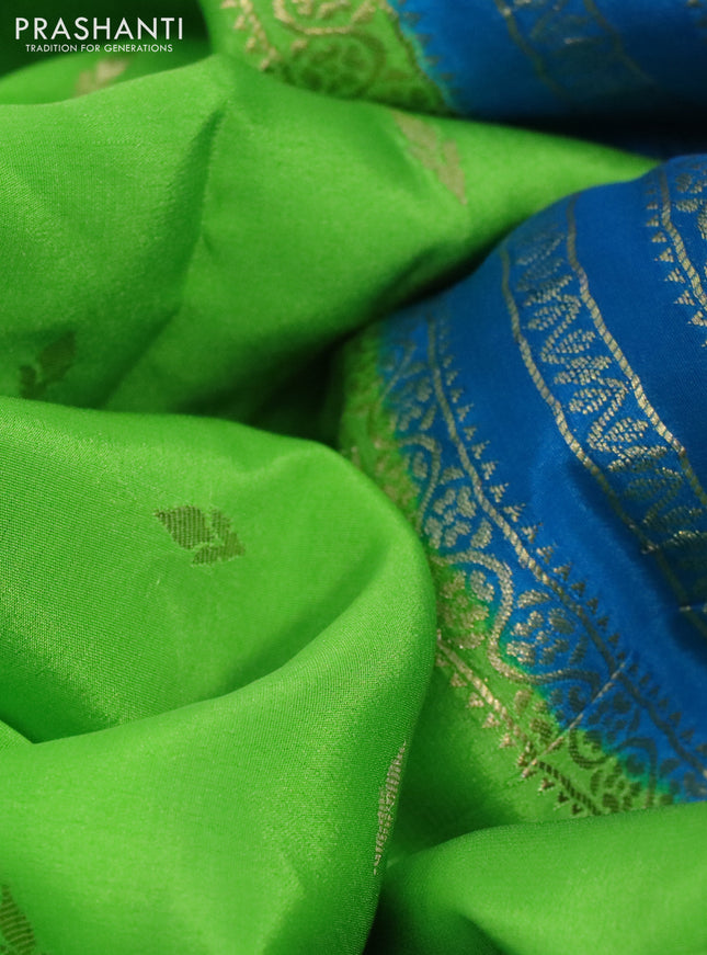 Pure mysore silk saree flourescent green and blue with zari woven buttas and zari woven border