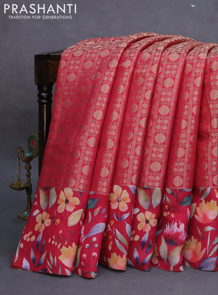 Banarasi silk saree dark pink with allover zari woven brocade weaves and floral digital printed border