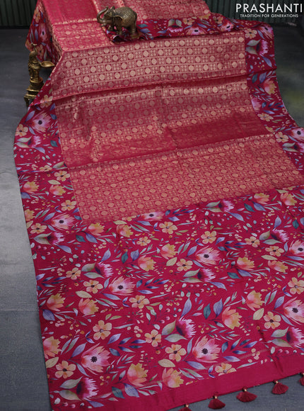 Banarasi silk saree dark pink with allover zari woven brocade weaves and floral digital printed border