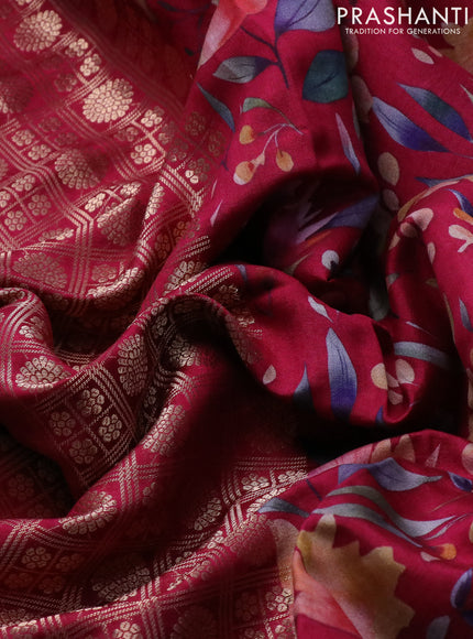 Banarasi silk saree dark pink with allover zari woven brocade weaves and floral digital printed border