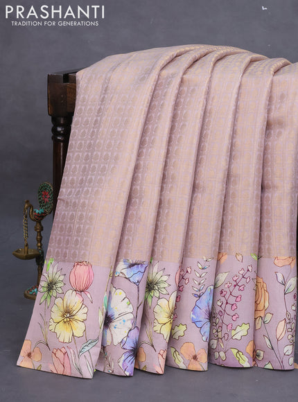 Banarasi silk saree pastel lavender with allover zari woven brocade weaves and floral digital printed border