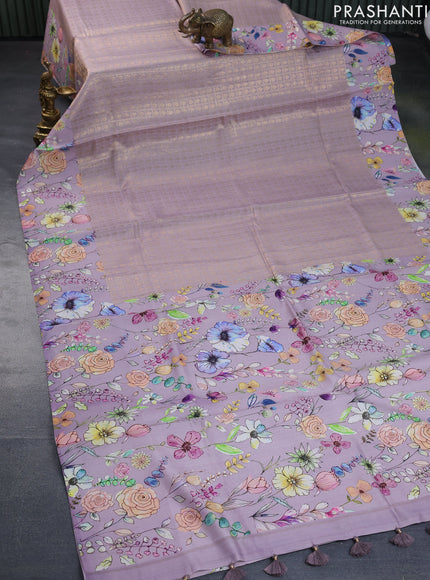 Banarasi silk saree pastel lavender with allover zari woven brocade weaves and floral digital printed border