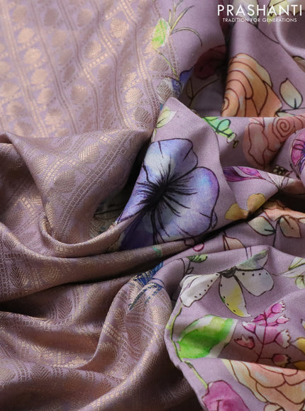 Banarasi silk saree pastel lavender with allover zari woven brocade weaves and floral digital printed border