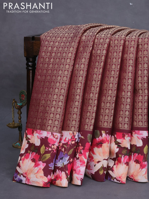 Banarasi silk saree deep maroon with allover zari woven brocade weaves and floral digital printed border