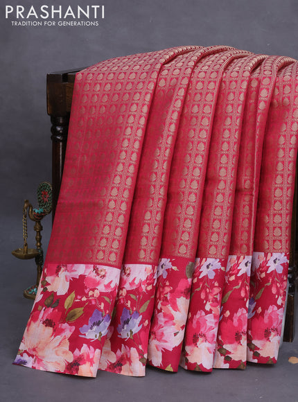 Banarasi silk saree magenta pink with allover zari woven brocade weaves and floral digital printed border