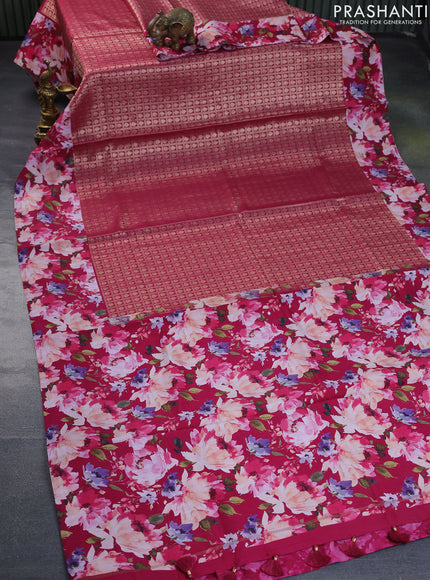 Banarasi silk saree magenta pink with allover zari woven brocade weaves and floral digital printed border