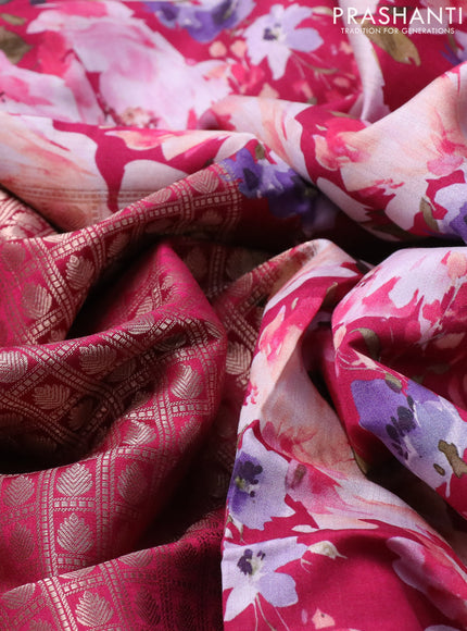 Banarasi silk saree magenta pink with allover zari woven brocade weaves and floral digital printed border