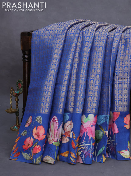 Banarasi silk saree blue with allover zari woven brocade weaves and floral digital printed border