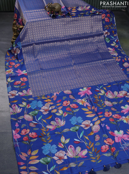 Banarasi silk saree blue with allover zari woven brocade weaves and floral digital printed border