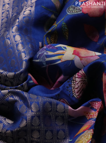 Banarasi silk saree blue with allover zari woven brocade weaves and floral digital printed border